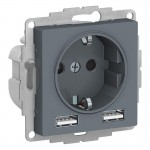 Розетка 3-м СП AtlasDesign 16А IP20 с 2-мя заряд. устройствами USB тип A+A 5В/2.4А 2х5В/1.2А механизм грифель SchE ATN000730